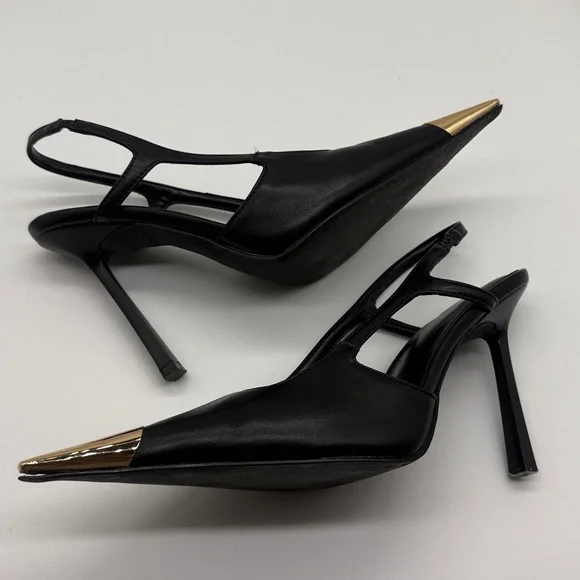 Black Slingback Heels Gold Metal Pointed Toe Stiletto Pumps Size 9 - Picture 6 of 11